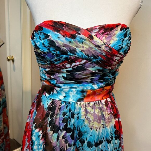 Aidan Mattox Hi Low Feather print strapless chiffon gown, Size 0 - Picture 3 of 15